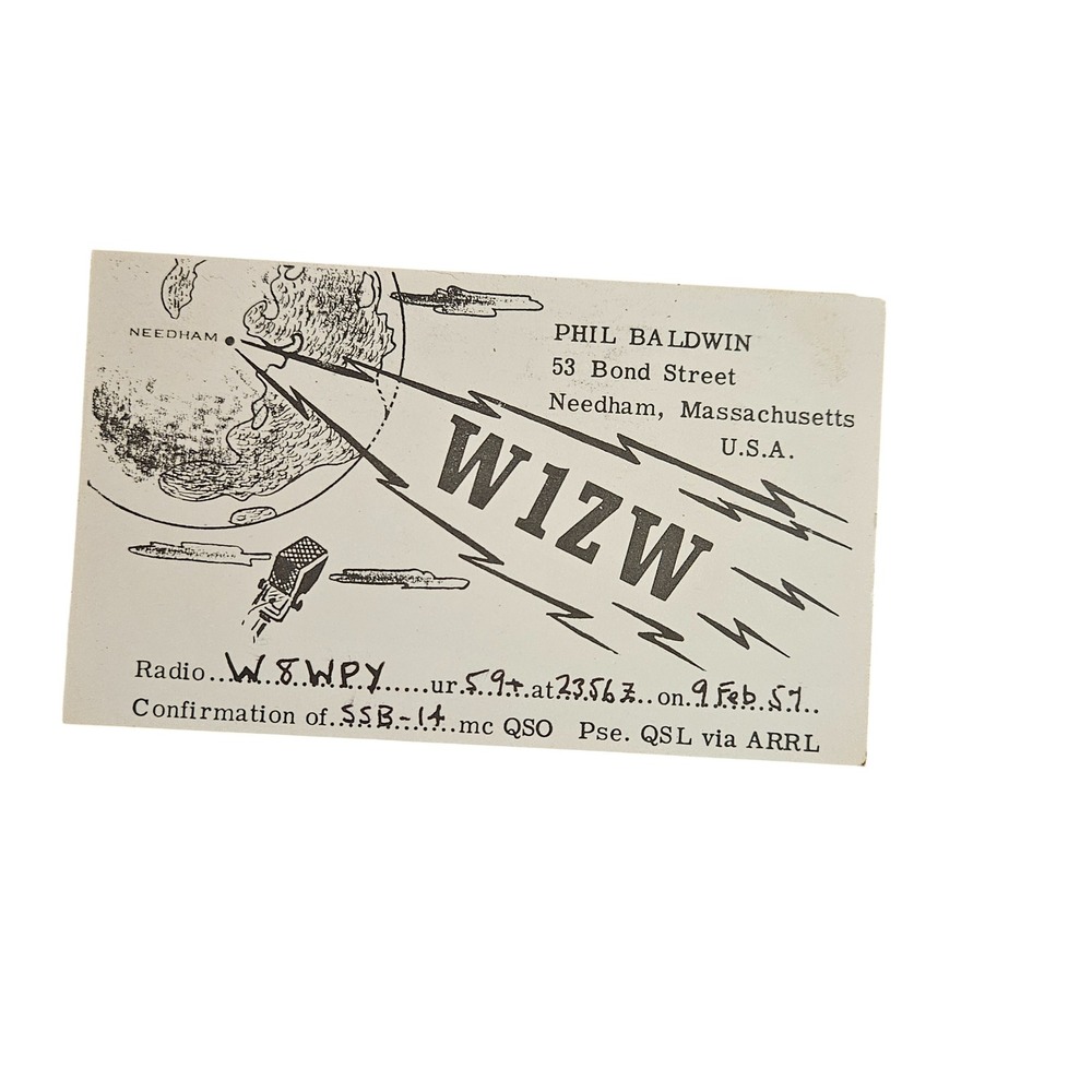 Vintage 1957 W1ZW Needham Massachusetts Ham‎ Amateur Radio QSL Cards Postcard